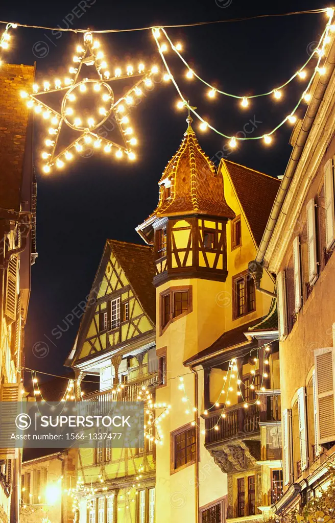 Maison Pfister (German Reinaissance) with Christmas lights at night. Colmar. Wine route. Haut-Rhin. Alsace. France.