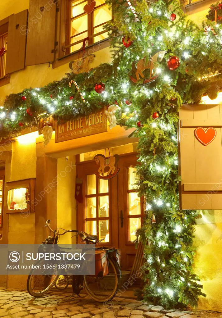 """La Petite Venise"" (Little Venice) restaurant with Christmas decoration. Colmar. Wine route. Haut-Rhin. Alsace. France.