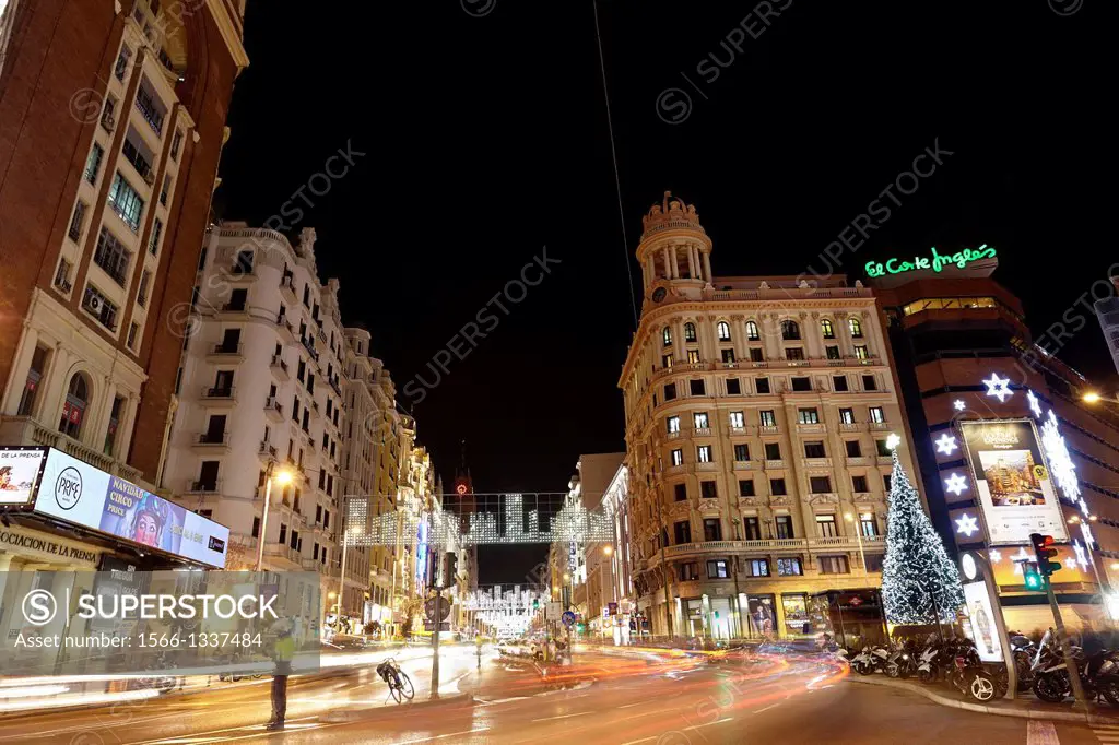 Traffic at Gran via street with lights trails effect at Christmas time. Madrid. Spain. Madrid. Spain.