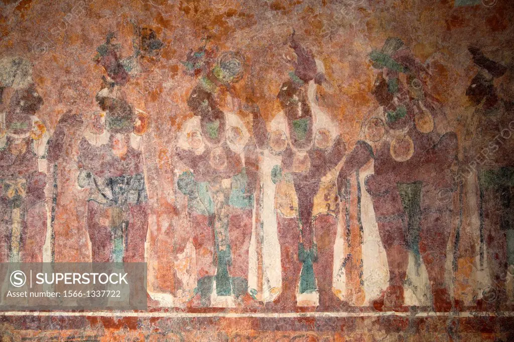 Mexico, Chiapas, Bonampak Archaeological Zone, Temple of Murals, Room 1, Mayan Nobles attending a ceremony at court.