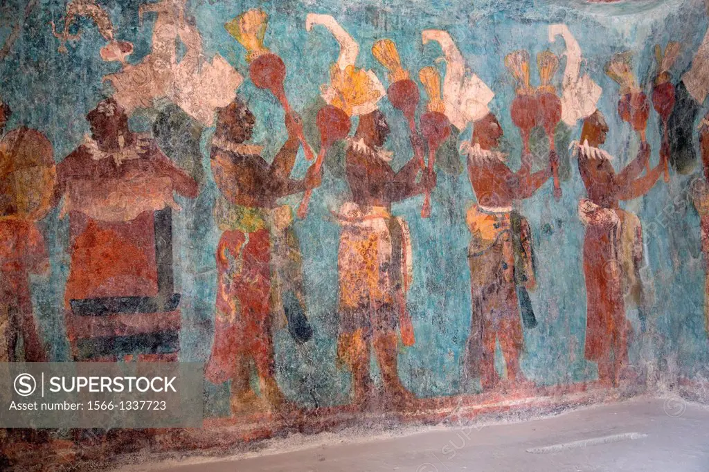 Mexico, Chiapas, Bonampak Archaeological Zone, Temple of Murals, Room 1, a procession of musicians.