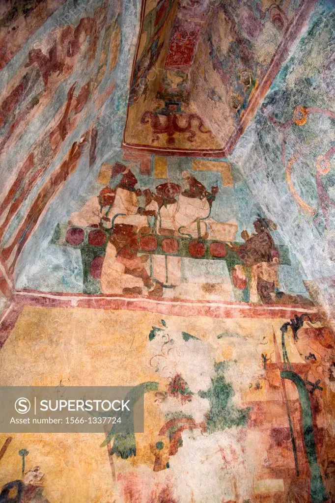 Mexico, Chiapas, Bonampak Archaeological Zone, Temple of Murals, Room 3, the royal family performing a blood letting ritual (upper center panel).