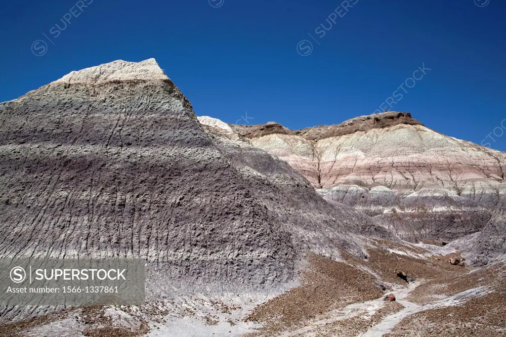 USA, Arizona, Petrified Forest National Park, Blue Mesa, Blue Mesa Trail, sedimentary layers of bluish bentonite clay.