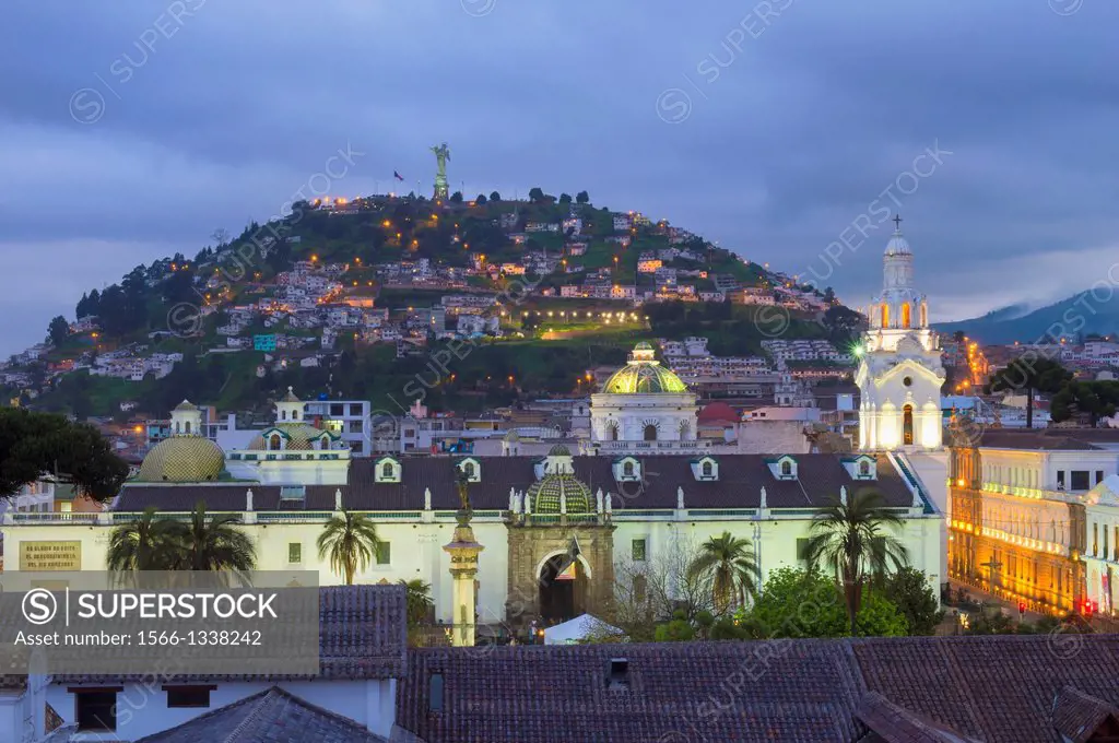 Metropolitan Cathedral and the Panecillo Hill at night, Quito, Pichincha Province, Ecuador, Unesco World Heritage Site.