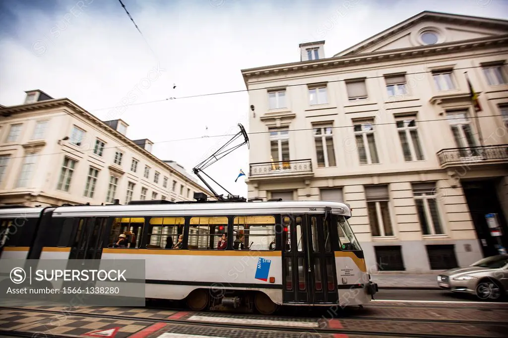 Tram in the center of Brussels, Belgium