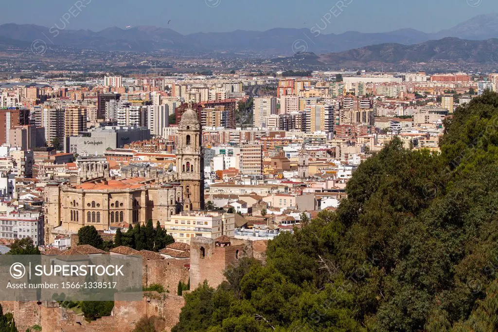 Panoramic views from Gibralfaro to Malaga city, Andalucia, Spain.