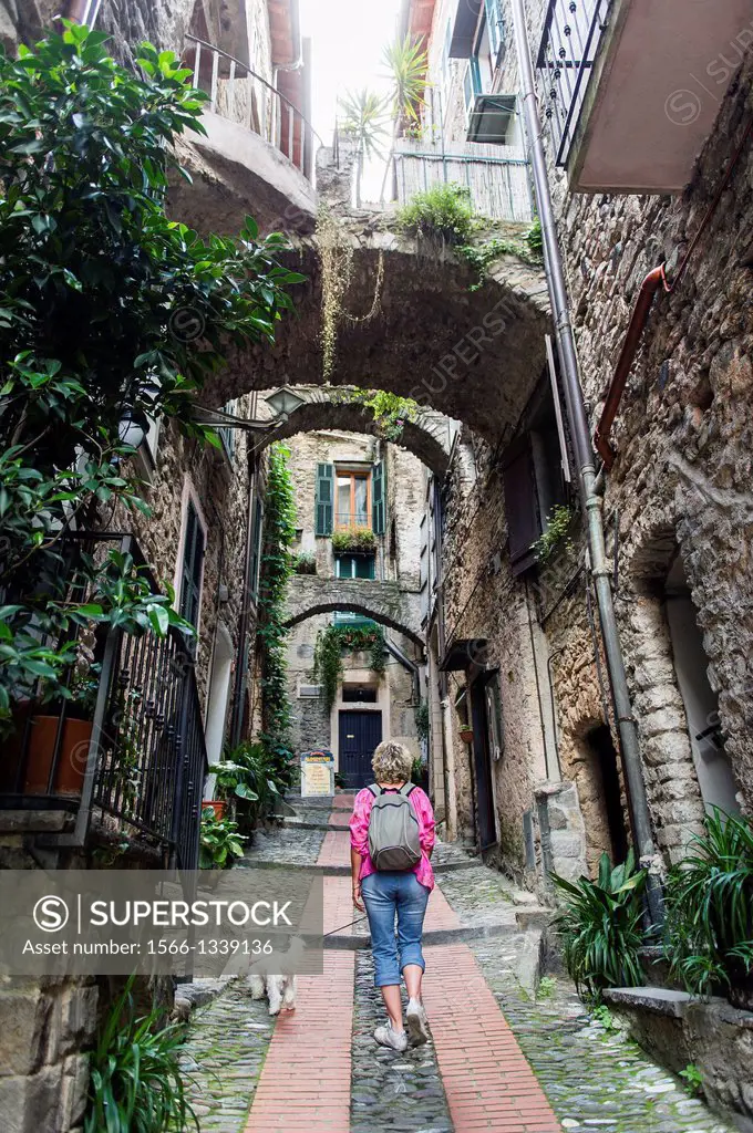 Europe, Italy, Liguria, Dolceacqua. Street of Castle, a typical alley in the village.