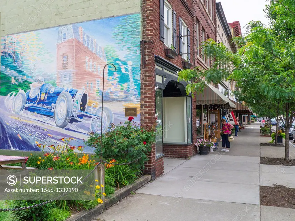 Painted murals on buildings on Franklin Street in Watkins Glen New York in the Finger Lakes Region of NY State.