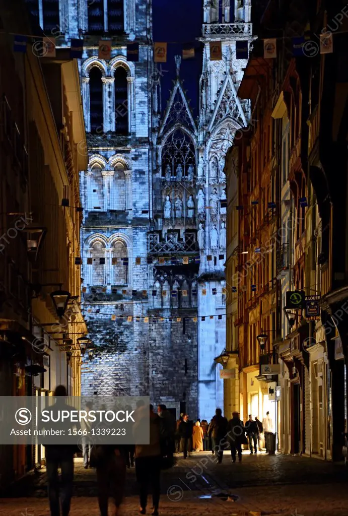 light show projected on Notre Dame cathedral in Rouen, presentation in memory of Jeanne d´Arc - Joan of Arc, Rouen is a place where she was burned at ...