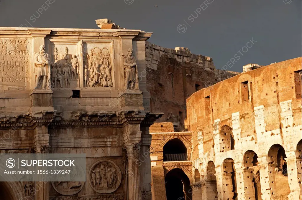 left - details of Arch of Constantine, right - Colosseum, Rome, Lazio, Italy, Europe