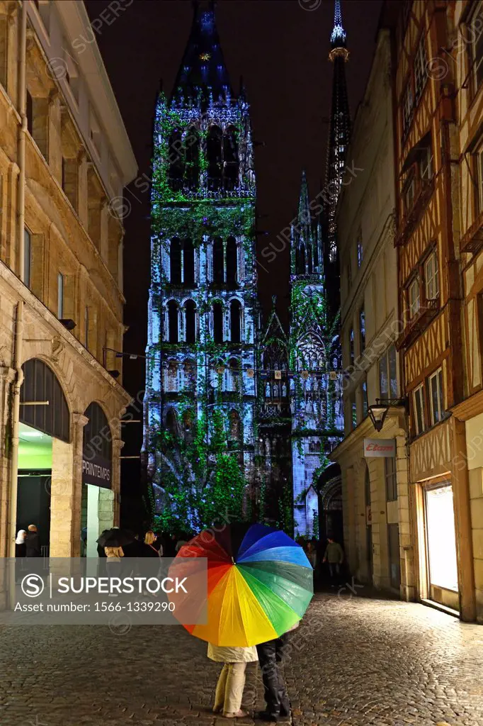 light show projected on Notre Dame cathedra in Rouenl, presentation in memory of Jeanne d´Arc - Joan of Arc, Rouen is a place where she was burned at ...