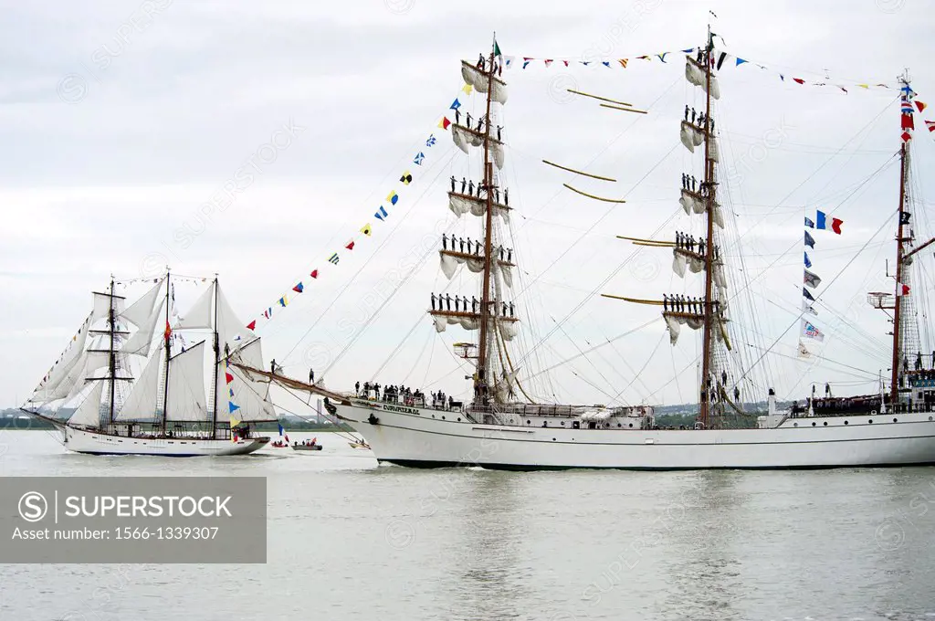 Armada 2013 - cruise of biggest sailing vessels on Seine river from Rouen to Atlantic Ocean, here in front Cuauhtémoc - Mexican three-masted barque pa...
