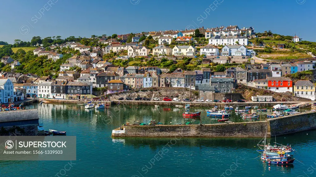 Houses on headland surrounding the old fishing port, Mevagissey, Cornwall, England, UK, Europe.