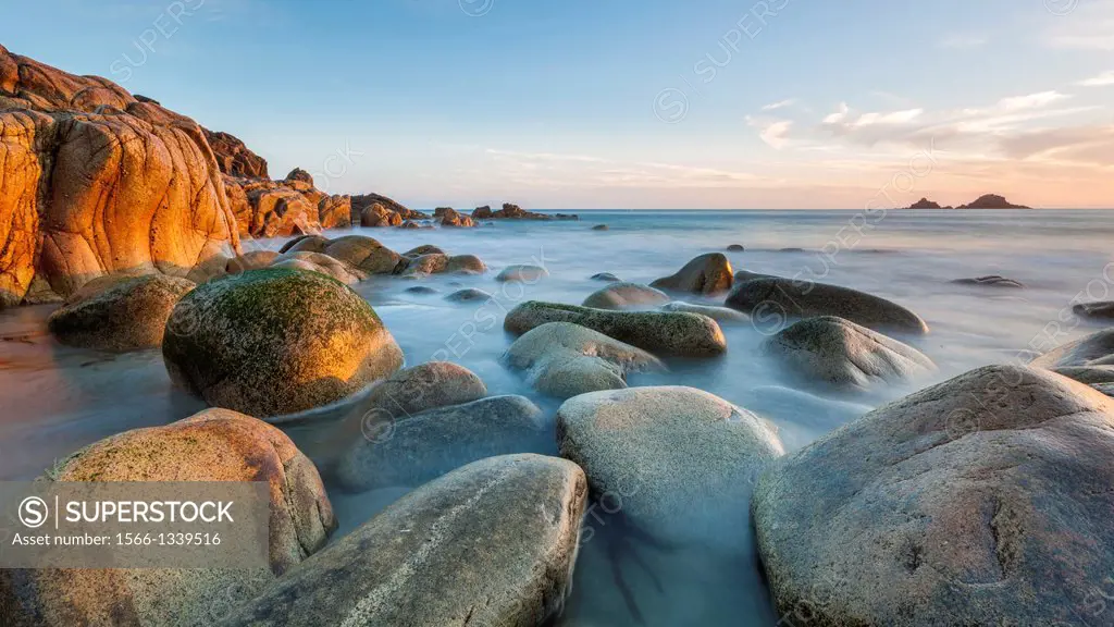Sunset over the Porth Nanven, a rocky cove near Land's End, Cornwall, England, United Kingdom, Europe.