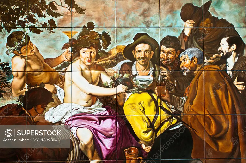 Spain. Madrid. El Madroño (The Strawberry Tree) Tavern. Painted glazed tiles imitating to the Diego Velazquez's picture ""The Victory of Bacchus or Th...