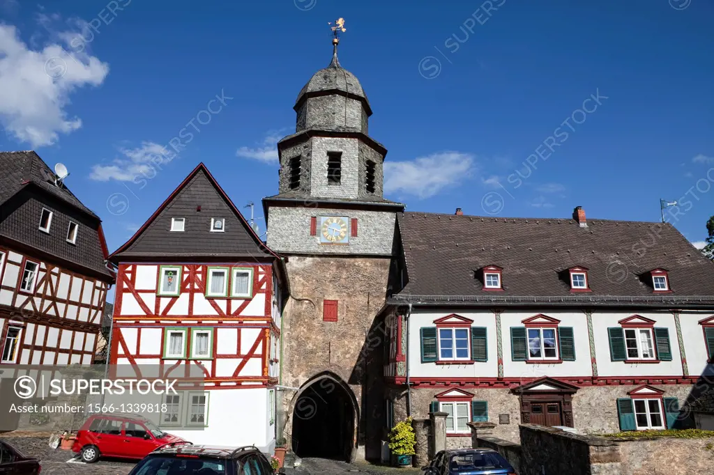 Church, Palais Hartleben, Burgtor Castle gate, Braunfels, Marktplatz Square with half-timbered houses, Braunfels, Hesse, Germany, Europe.