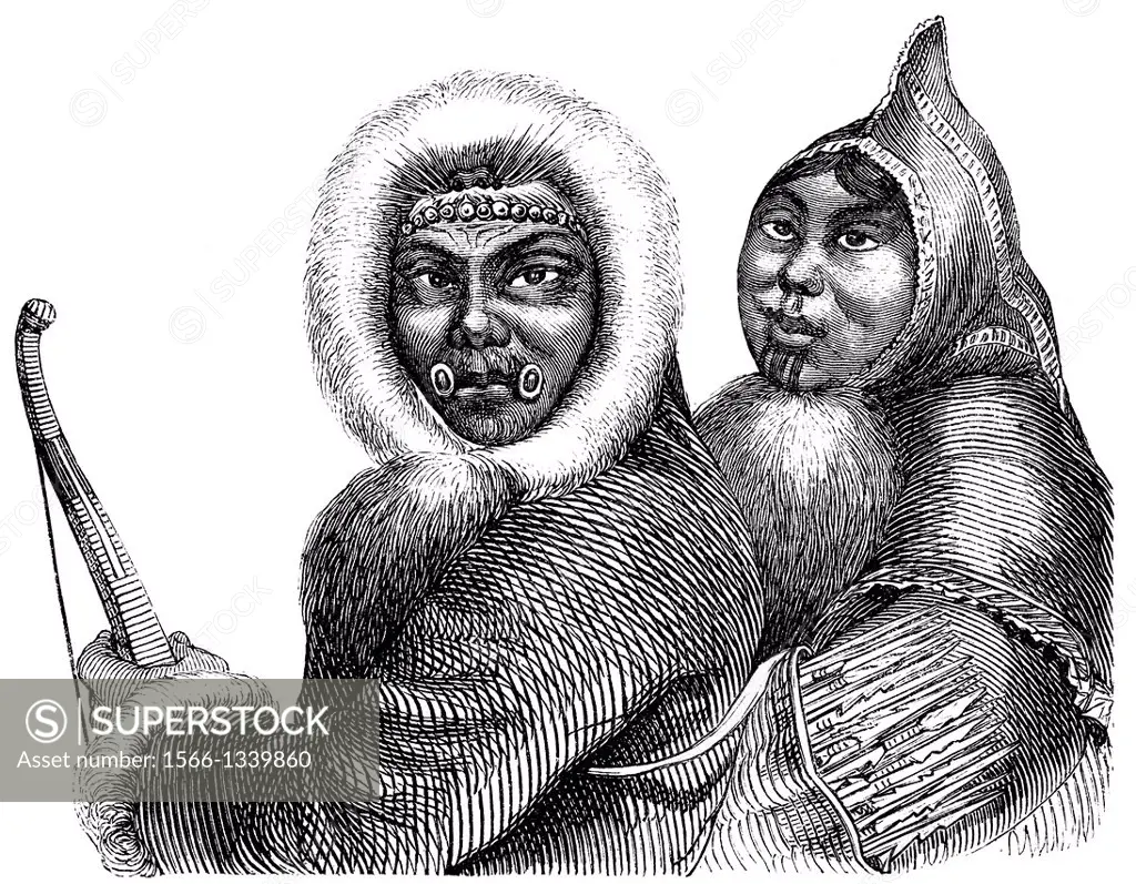 Inuit people, people picture from the 19th Century, 1864, Germany, Europe.