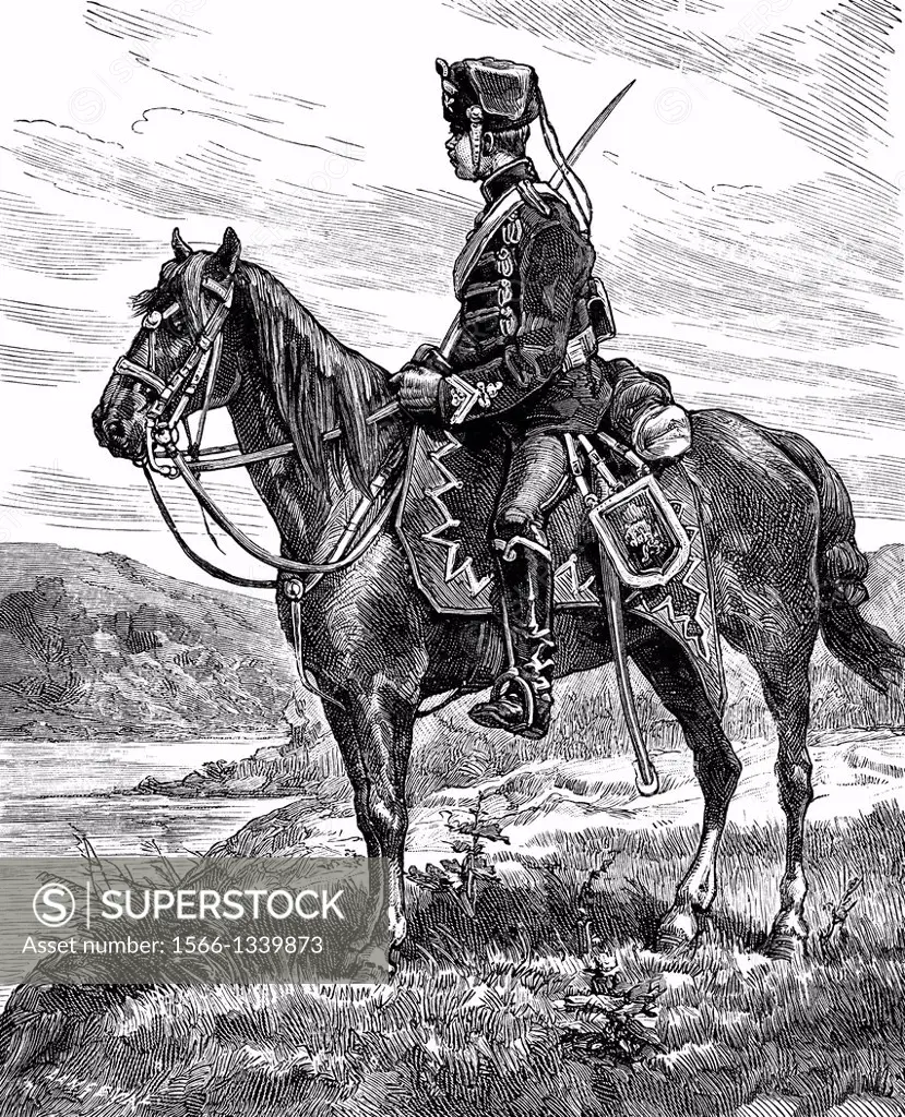 Historical drawing, a Prussian Hussar, Franco-Prussian War or Franco-German War, 1870-71.