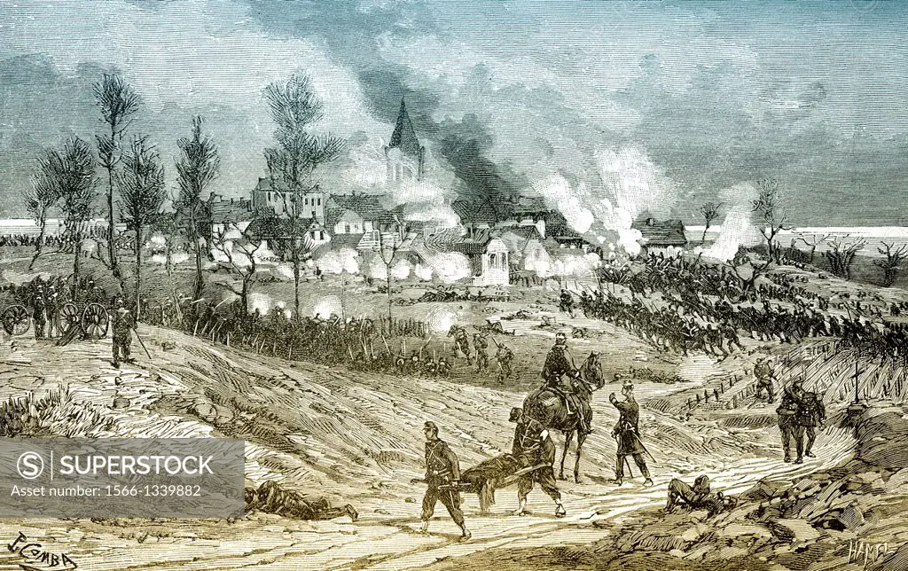Historic drawing, Battle of Amiens or Bataille de Villers-Bretonneux, 28 November 1870, Franco-Prussian War or Franco-German War, 1870-1871, between t...