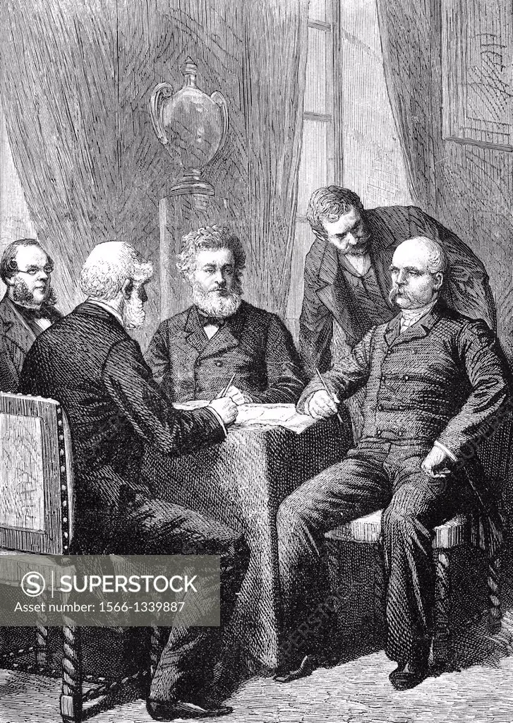 Negotiations for surrender with Jules Favre, Otto von Bismarck and others, scene from the Franco-Prussian War or Franco-German War 1870-1871, between ...
