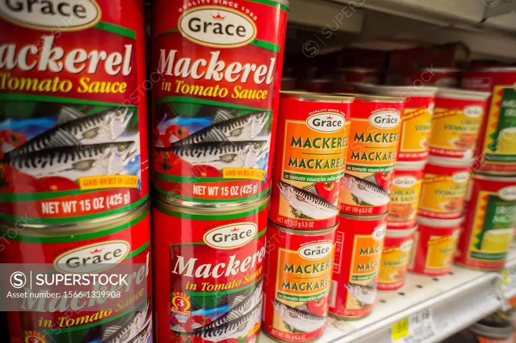 Cans of Grace brand mackerel in a supermarket in New York