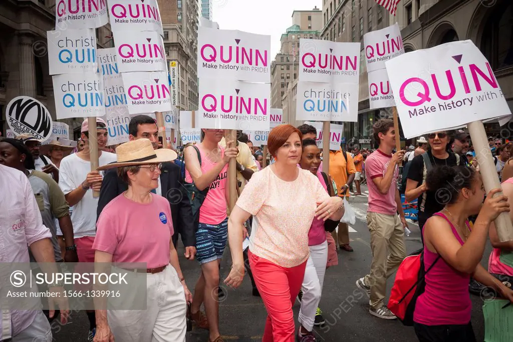NYC Council Speaker and mayoral candidate Christine Quinn, center, campaigns in the 44th annual Lesbian, Gay, Bisexual and Transgender Pride Parade on...