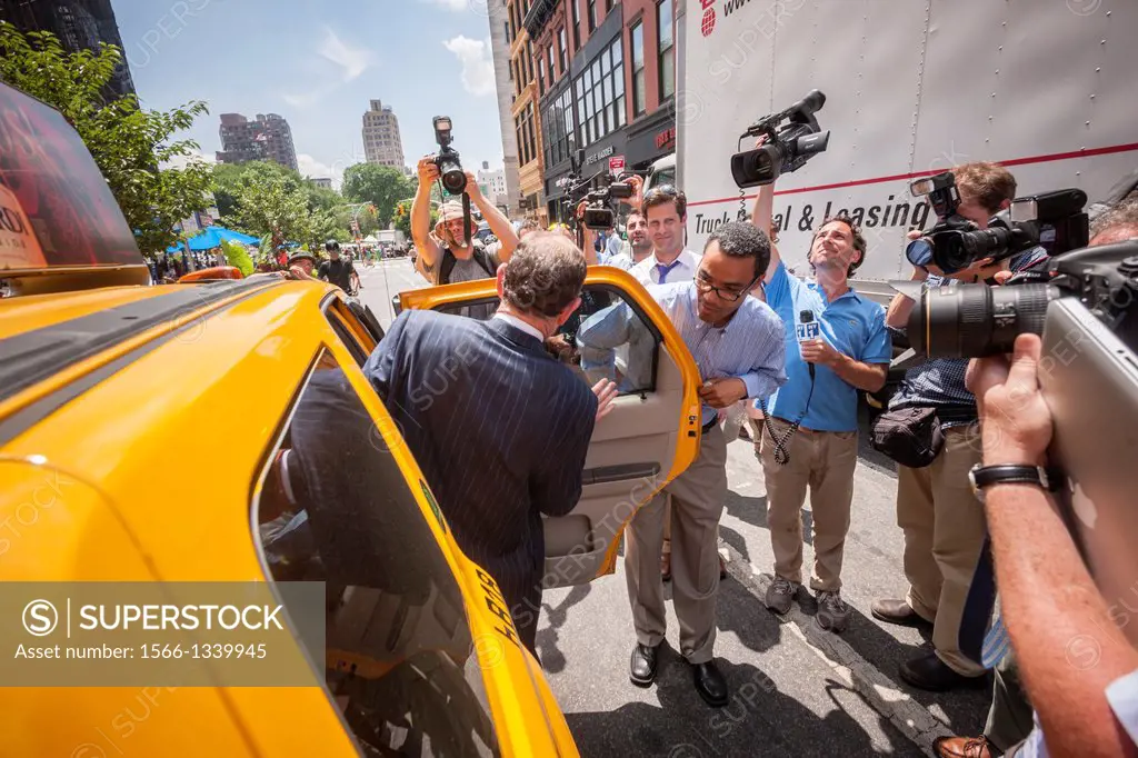 Disgraced former NYS Governor Eliot Spitzer greets the media in Union Square Park in New York on the first day of his recently announced comeback to r...