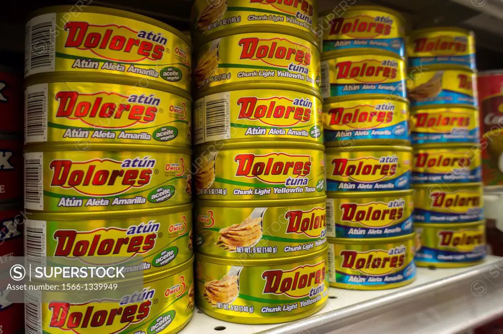 Cans of tuna for the Hispanic market in a supermarket in New York