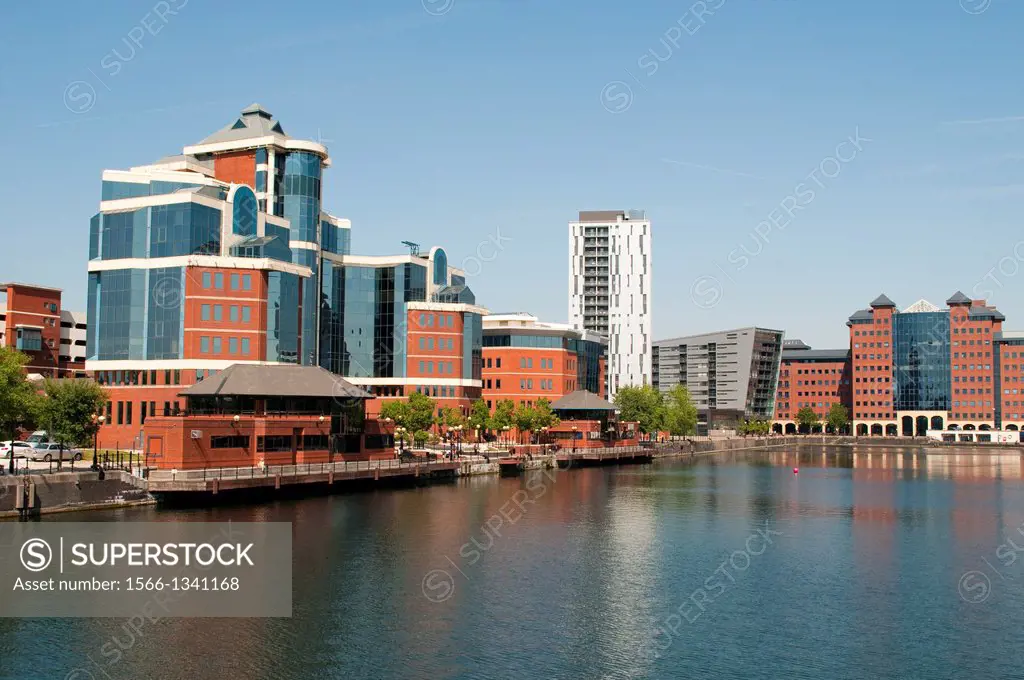 Business and residential development around Huron Basin, Salford Quays, Manchester, UK.