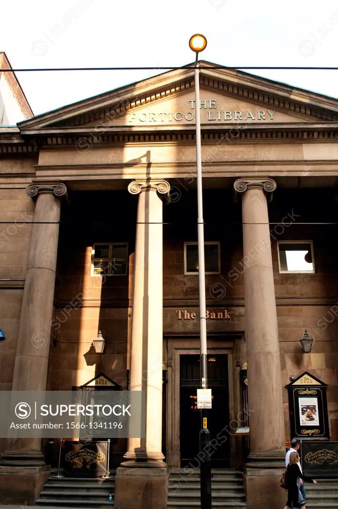 Portico Library on Mosley Street, Manchester, UK.