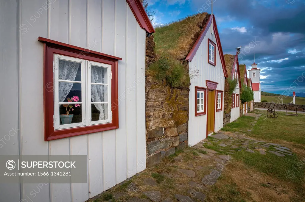 Old style turf houses by Laufaskirkja, Northern Iceland.