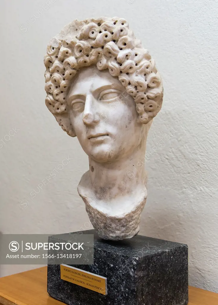 Marble head of a Roman woman/matron in the museum at Apollonia near Fier in central Albania.
