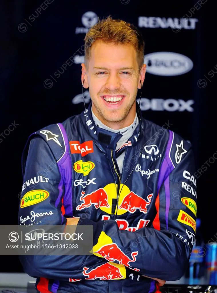 portrait of Sebastian Vettel (GER),Red Bull Racing RB9 laughing in the box during the Formula One Grand Prix of Spain on Circuit de Catalunya race tra...