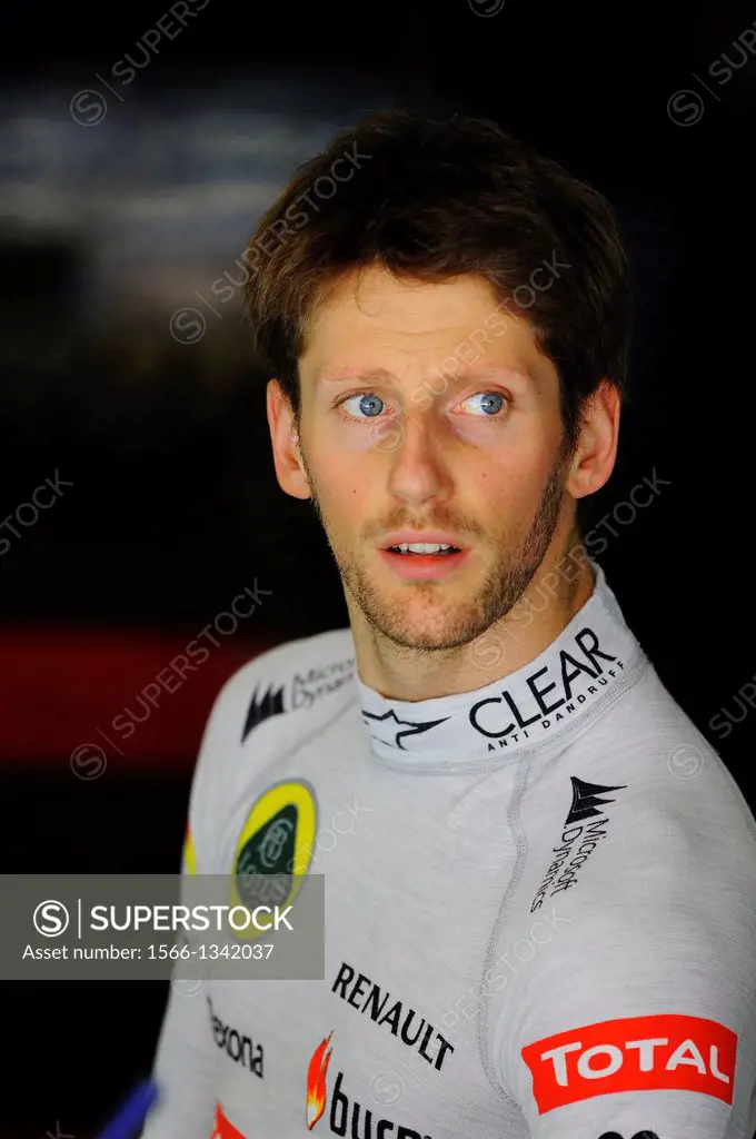 portrait of Romain Grosjean (FRA), Lotus E21in the box during the Formula One Grand Prix of Spain on Circuit de Catalunya race track in Montmelo near ...