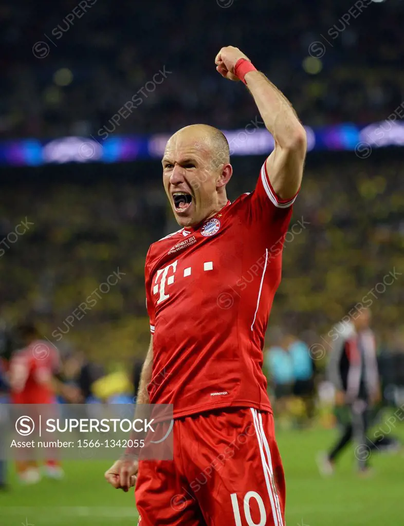 winning goalscorer Arjen Robben (FC Bayern Muenchen) celebrates after the UEFA Champions League Final between Bayern Munich and Borussia Dortmund in W...