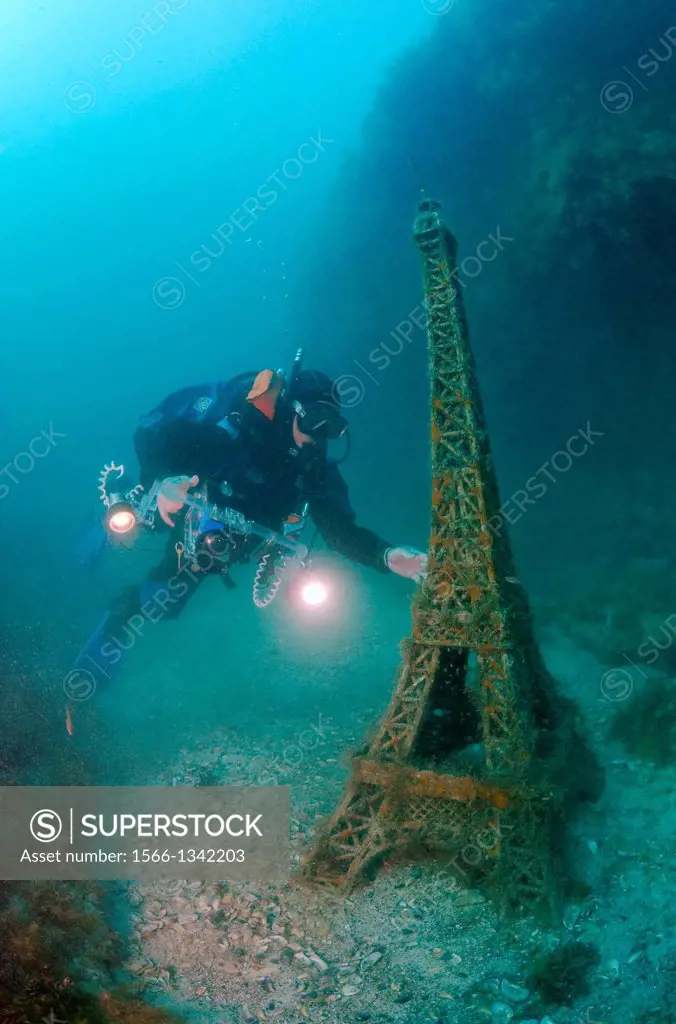 Underwater museum ""Reddening leaders"" Eiffel Tower sculpture. Cape Tarhankut, Tarhan Qut, Black sea, Crimea, Ukraine, Eastern Europe.