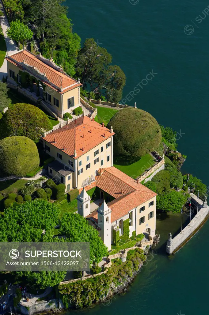 Italy, Lombardy, Como lake, Lenno, Balbianello villa (aerial view).
