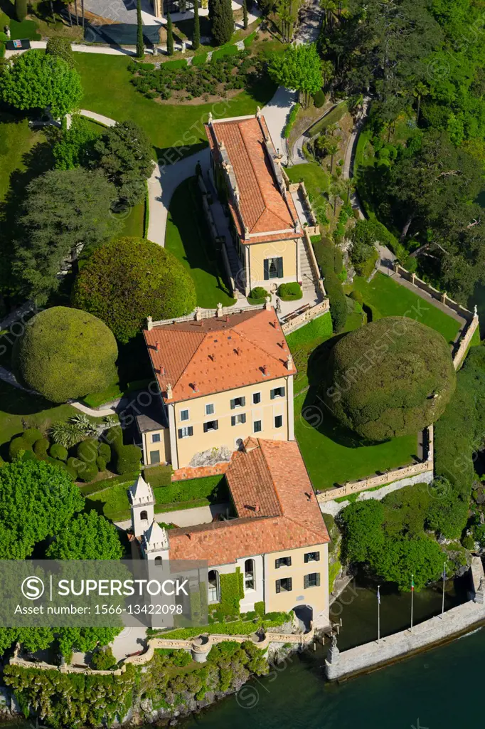 Italy, Lombardy, Como lake, Lenno, Balbianello villa (aerial view).