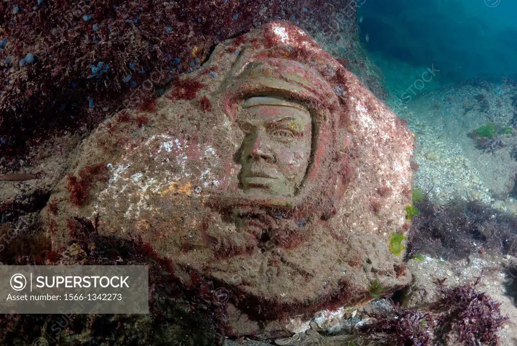 Underwater museum ""Reddening leaders"", Cosmonaut Yury Gagarin sculpture. Cape Tarhankut, Tarhan Qut, Black sea, Crimea, Ukraine, Eastern Europe.