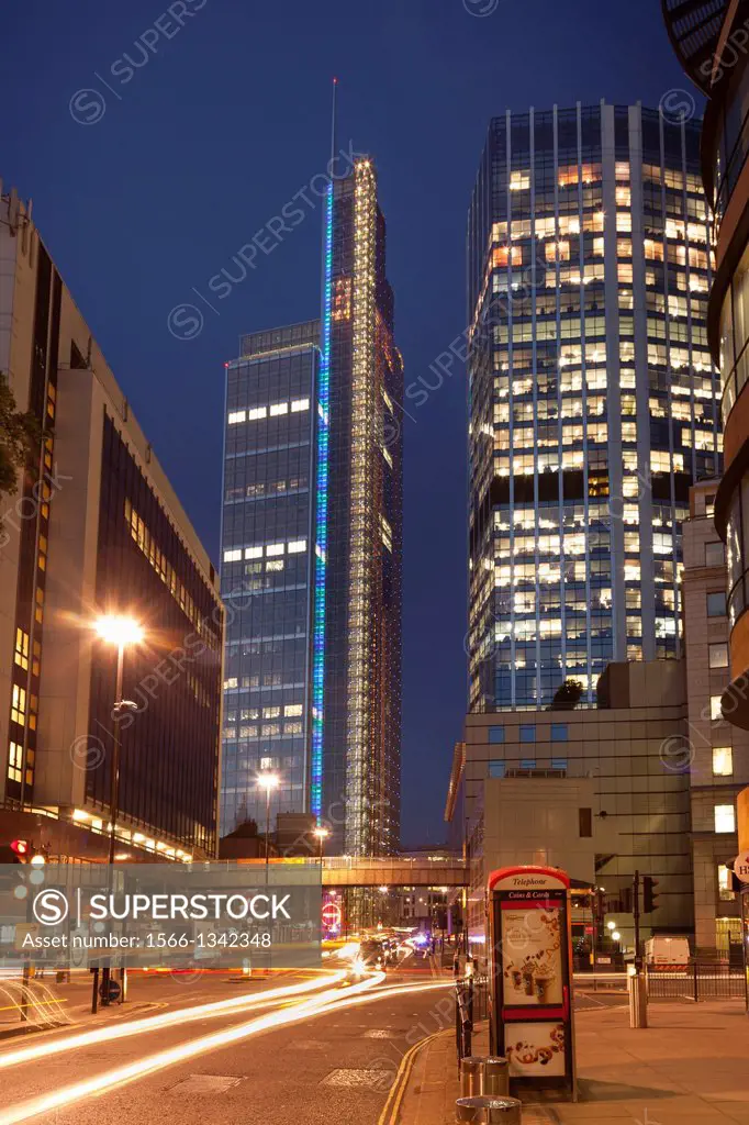 The City of London,Financial district at night-Wormwood Street,England.