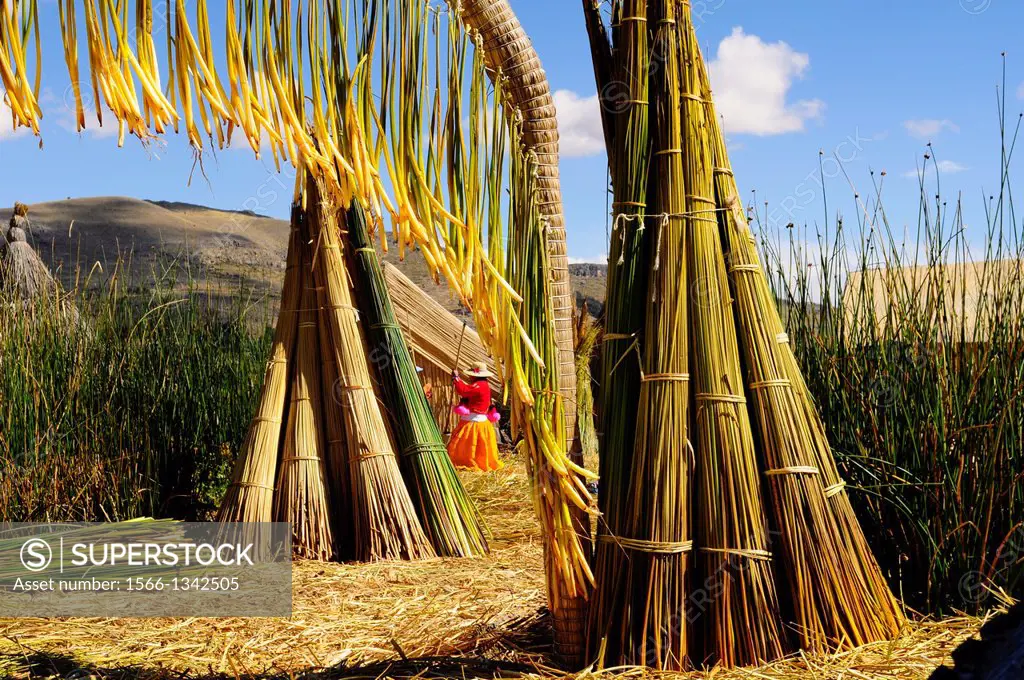 The village entrance in the floating islands of the Uros in Peru