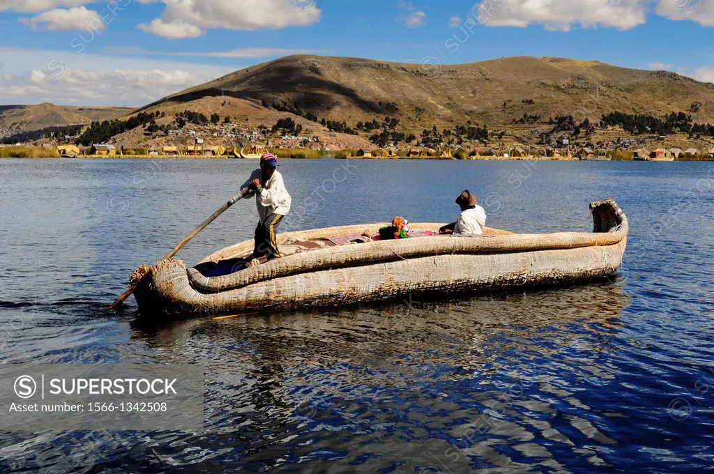 A boat made of plants in the floating islands of the Uros, in Peru.