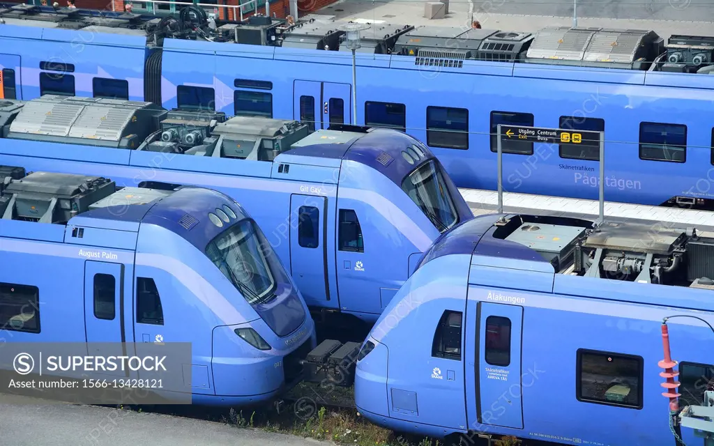 Trains on a railroad station i Ystad, Sweden.