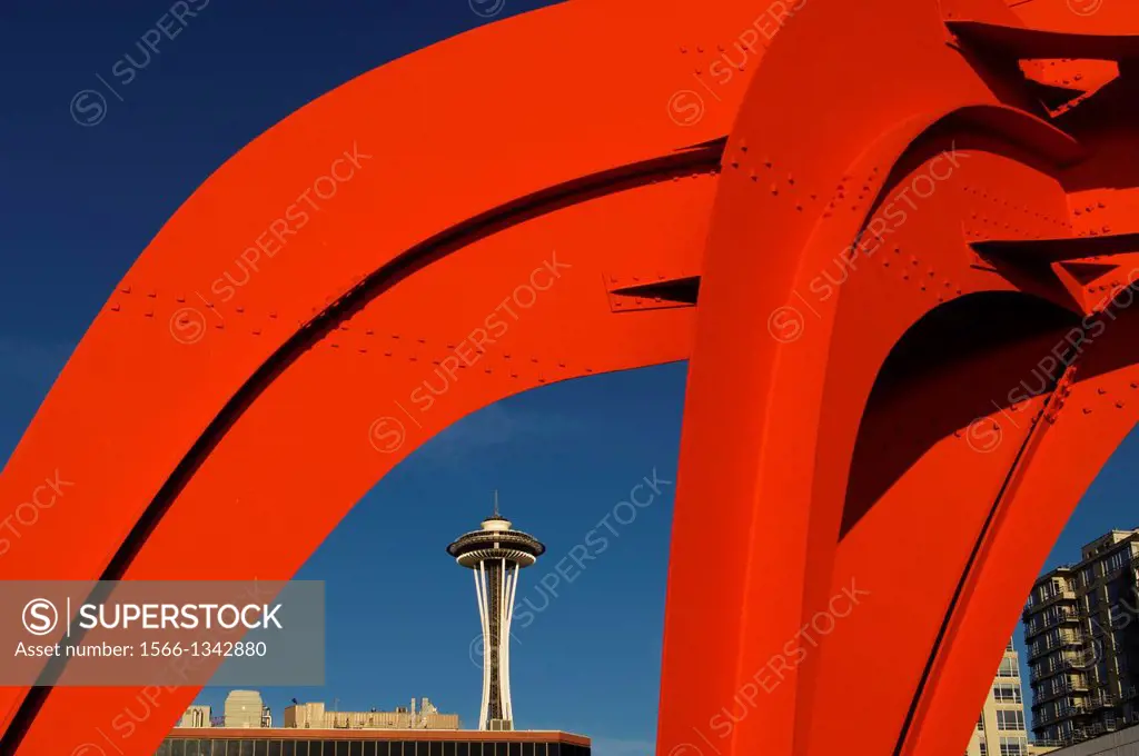 USA, WASHINGTON STATE, SEATTLE, OLYMPIC SCULPTURE PARK, EAGLE BY ALEXANDER CALDER, SPACE NEEDLE IN BACKGROUND.