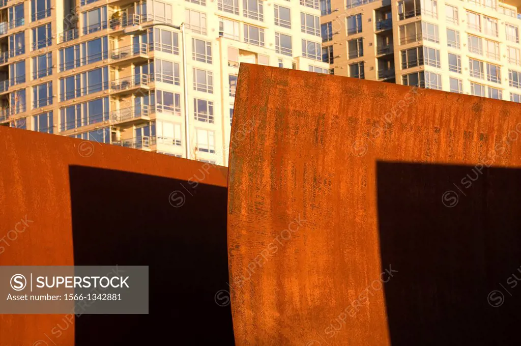USA, WASHINGTON STATE, SEATTLE, OLYMPIC SCULPTURE PARK, THE VALLEY, WAKE BY RICHARD SERRA.