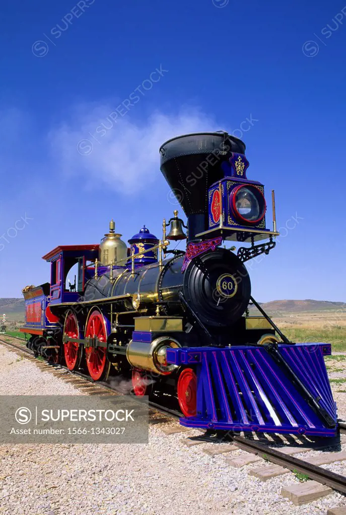 USA, UTAH, PROMONTORY POINT, GOLDEN SPIKE NATIONAL HISTORIC SITE,CENTRAL PACIFIC STEAM ENGINE.