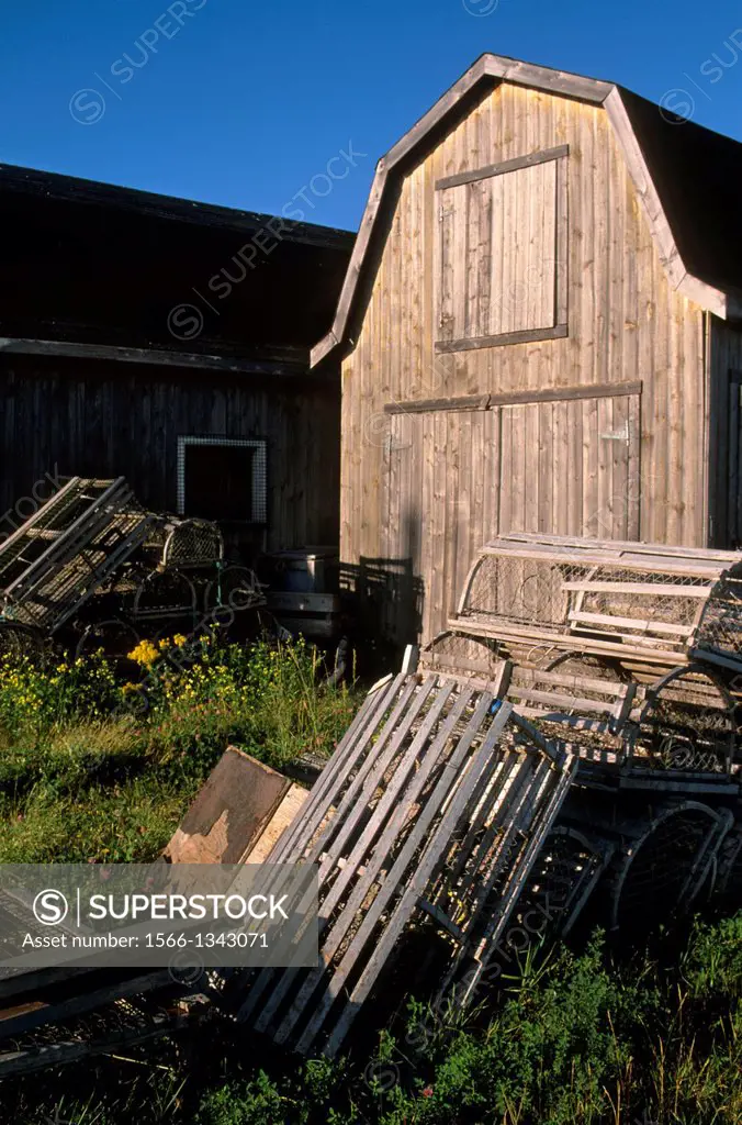 CANADA, PRINCE EDWARD ISLAND, GEORGETOWN, FISHING PORT, SHEDS, LOBSTER TRAPS.