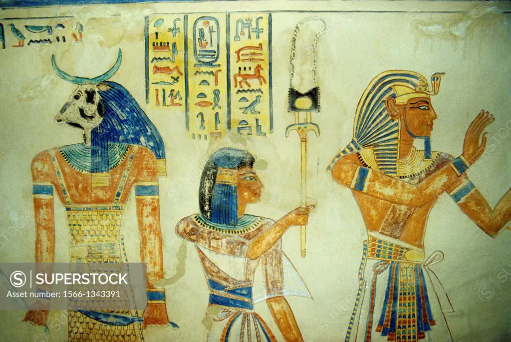EGYPT,NEAR LUXOR,VALLEY OF THE QUEENS,INTERIOR WALL FRESCOES,QUEEN AMONHERKHEPSEF'S TOMB, HIEROGLYPH.