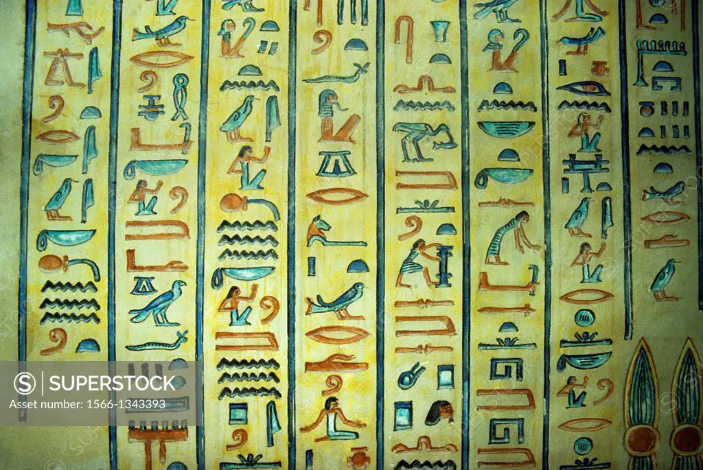 EGYPT, NEAR LUXOR, VALLEY OF THE QUEENS, INTERIOR WALL FRESCOES OF QUEEN AMONHERKHEPSEF'S TOMB, HIEROGLYPHS.