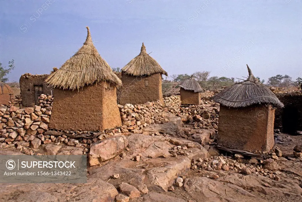 MALI, DOGON COUNTRY, TYPICAL DOGON VILLAGE WITH STRAW-HATTED GRANARIES.